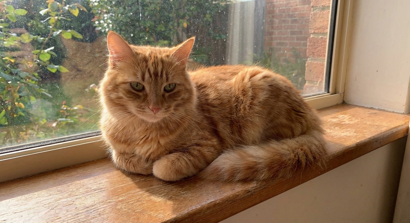 An orange tabby cat resting quietly on a sunny windowsill with a relaxed posture, realistic photo