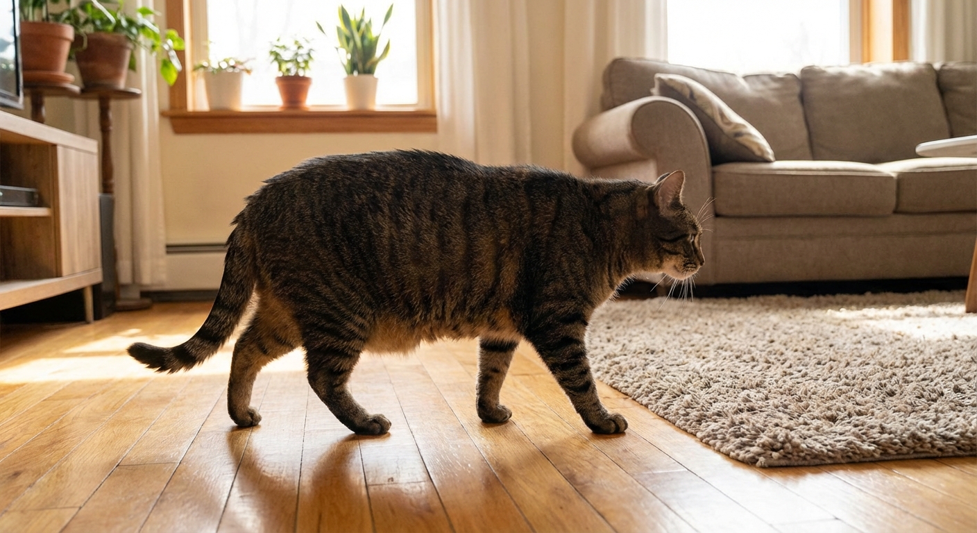 An overweight adult cat walking slowly across a living room floor