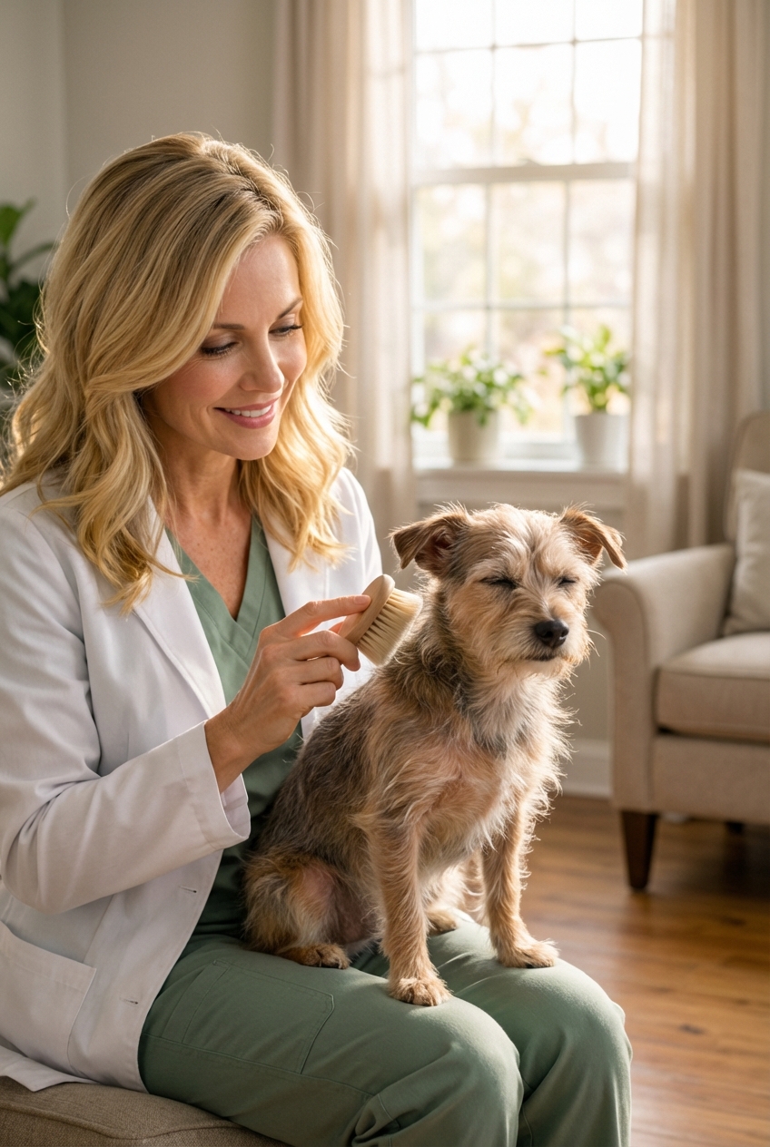 An owner gently brushing a small dog with thinning fur near a window with soft natural light