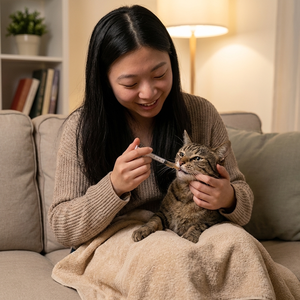 An owner gently giving an adult cat an oral medication using a small syringe while the cat sits wrapped in a towel on a couch, soft indoor lighting, photorealistic scene