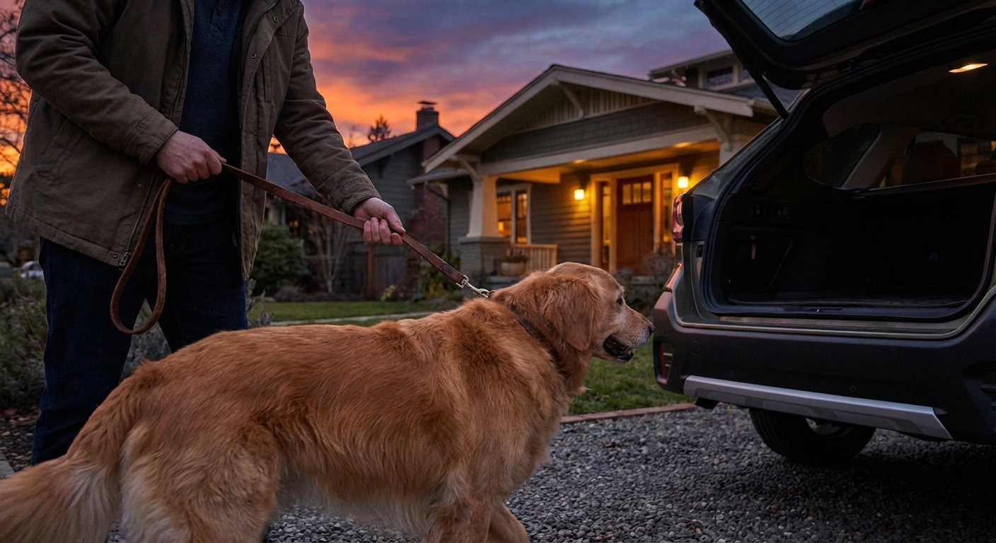 An owner gently leading a large dog on a leash toward a car parked in a driveway at dusk