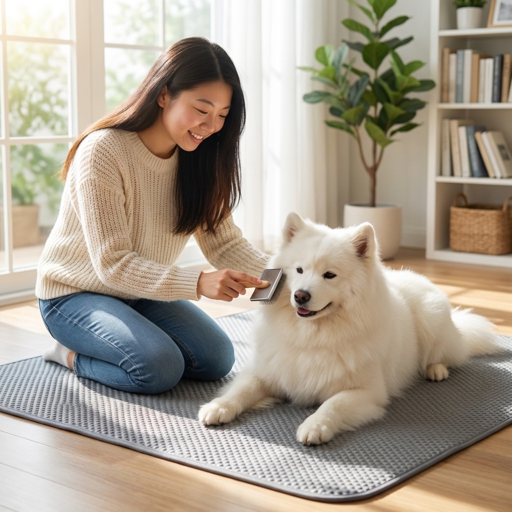 An owner gently line-brushing a Samoyed on a non-slip mat in a bright home setting, real photography style