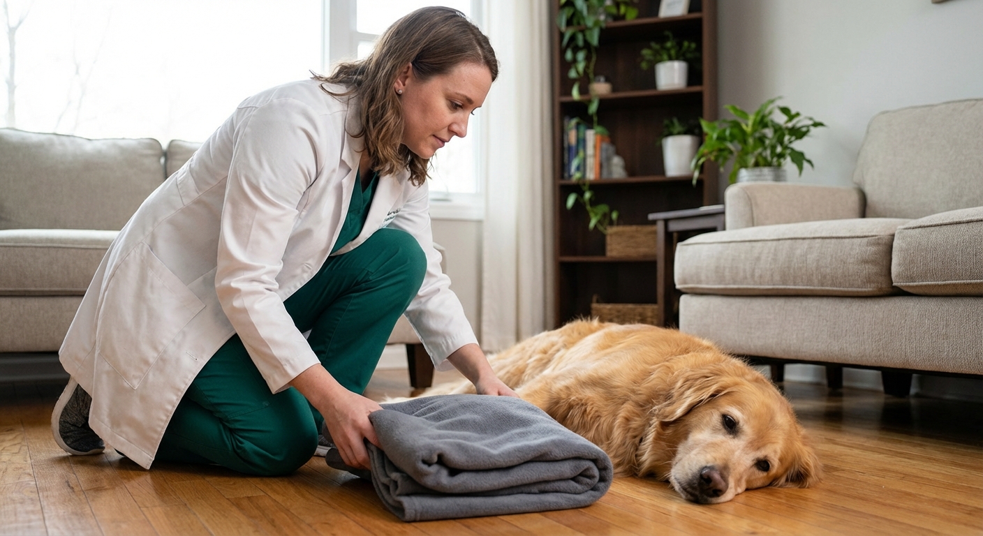 An owner gently placing a folded blanket near a dog resting on the floor after a seizure