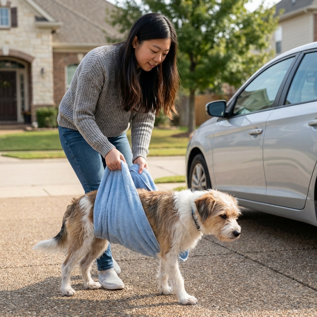 An owner gently supporting a medium-sized dog with a towel sling while walking toward a car