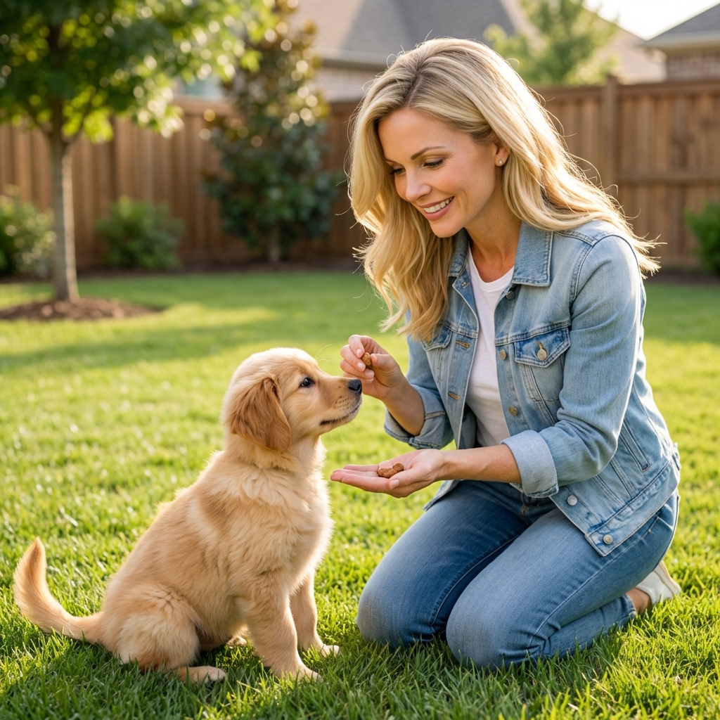 An owner giving a small treat to a puppy outdoors after a potty break
