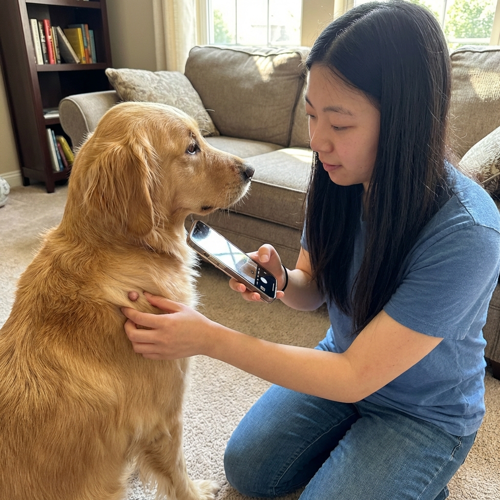 An owner holding a smartphone while gently measuring a small bump on a Golden Retriever’s shoulder at home
