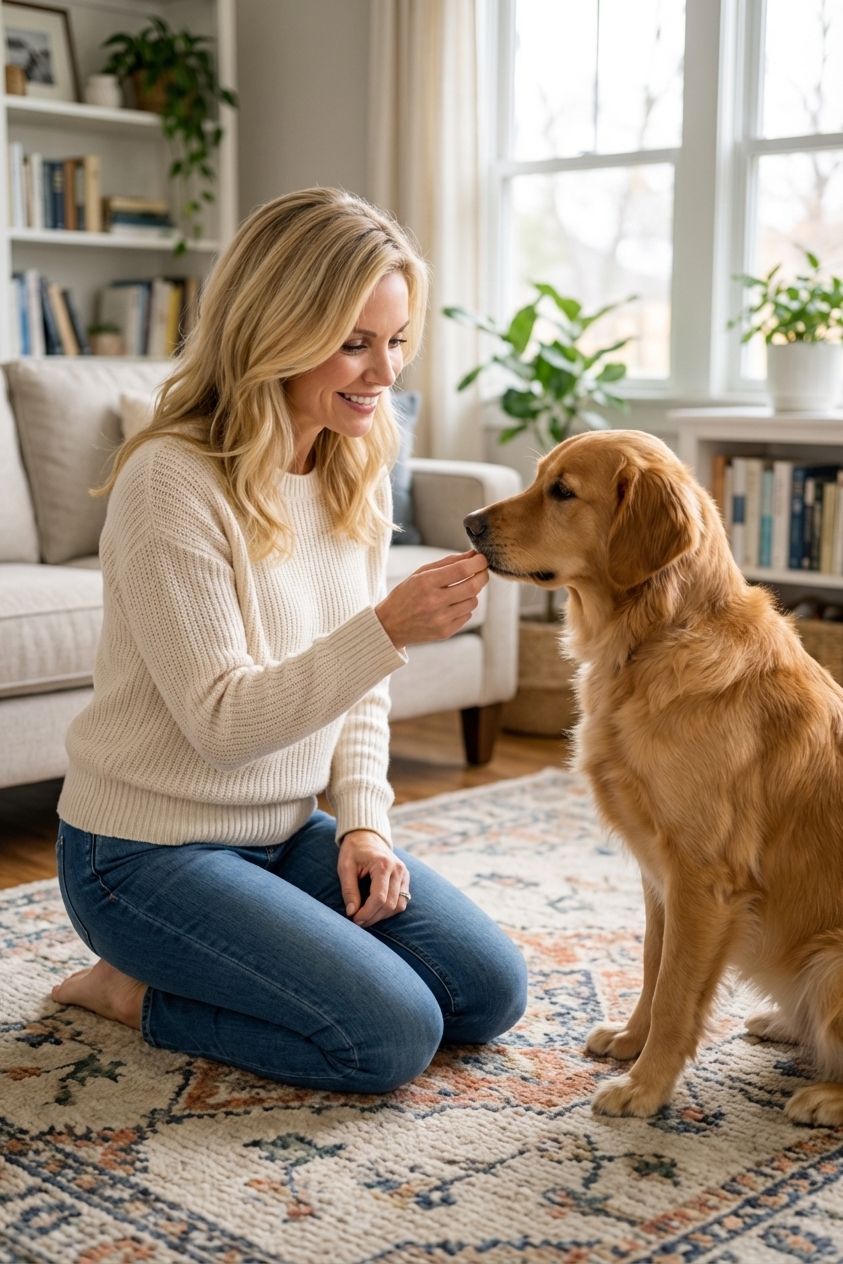 An owner kneeling on a living room rug offering a small treat to a relaxed dog touching the owner’s hand with its nose, natural indoor photography