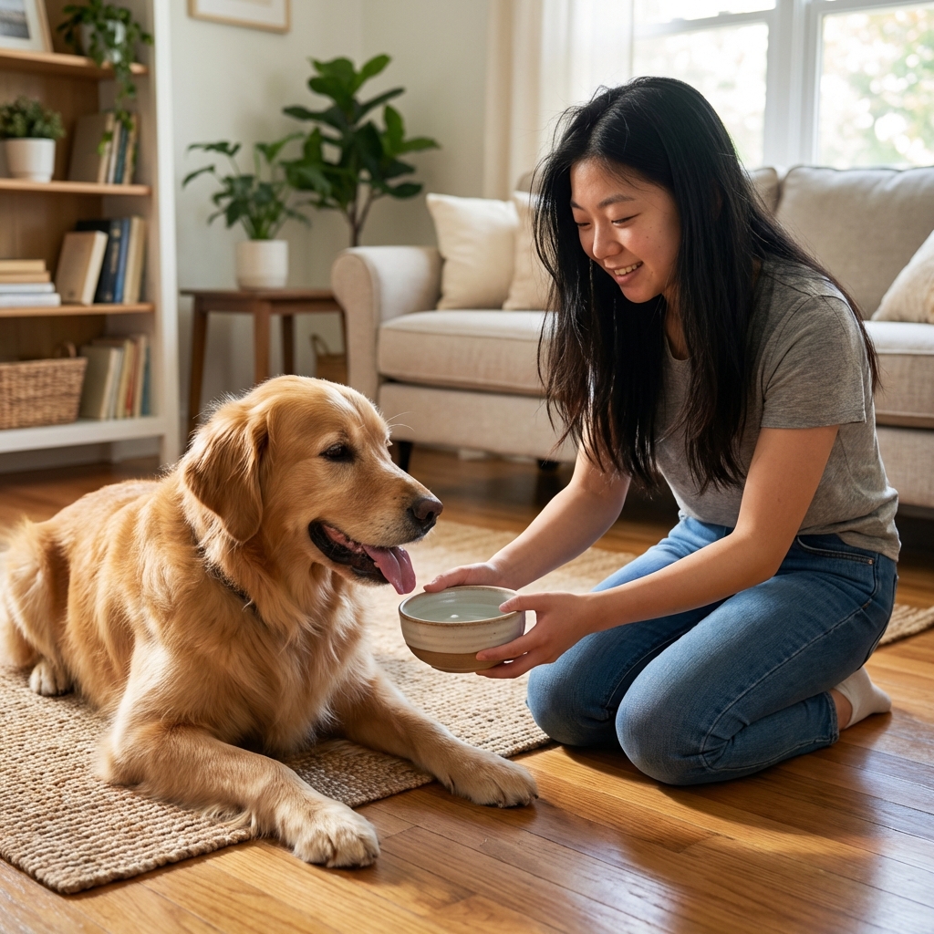 An owner offering a small bowl of water to a tired dog resting on a living room floor
