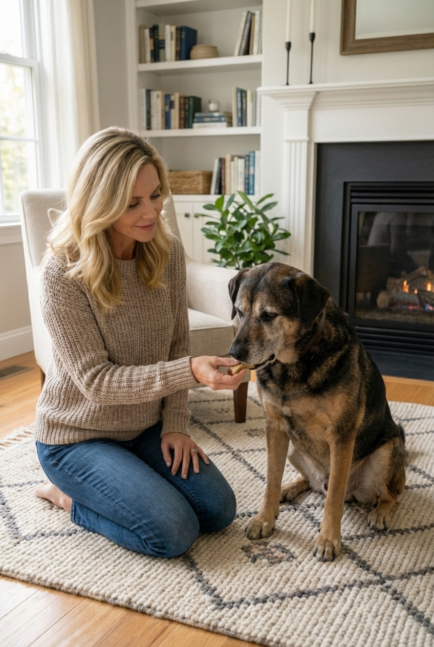 An owner offering a small treat to a senior dog during a calm indoor training moment