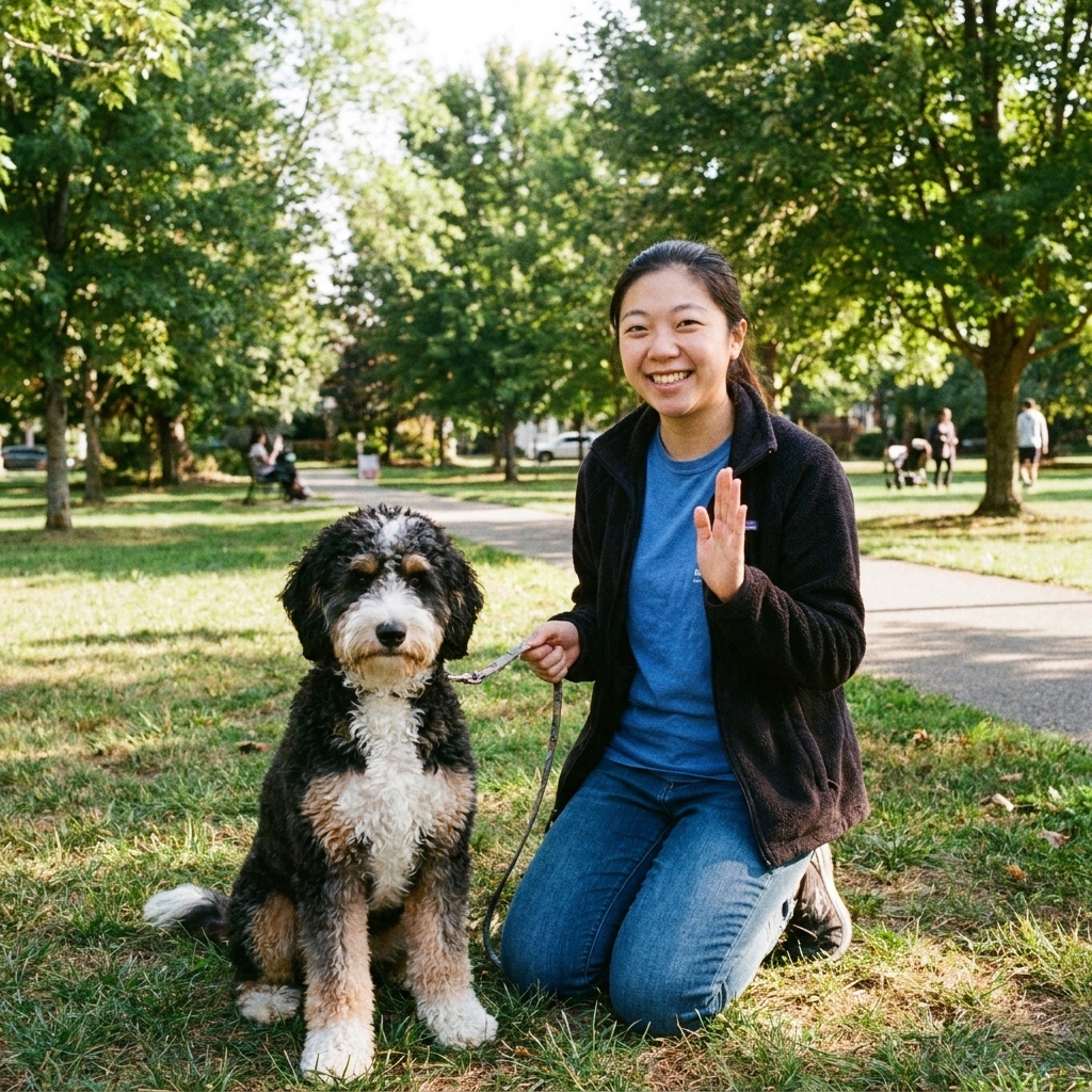 An owner practicing sit and stay with an Aussiedoodle on a leash in a neighborhood park with trees, candid photo