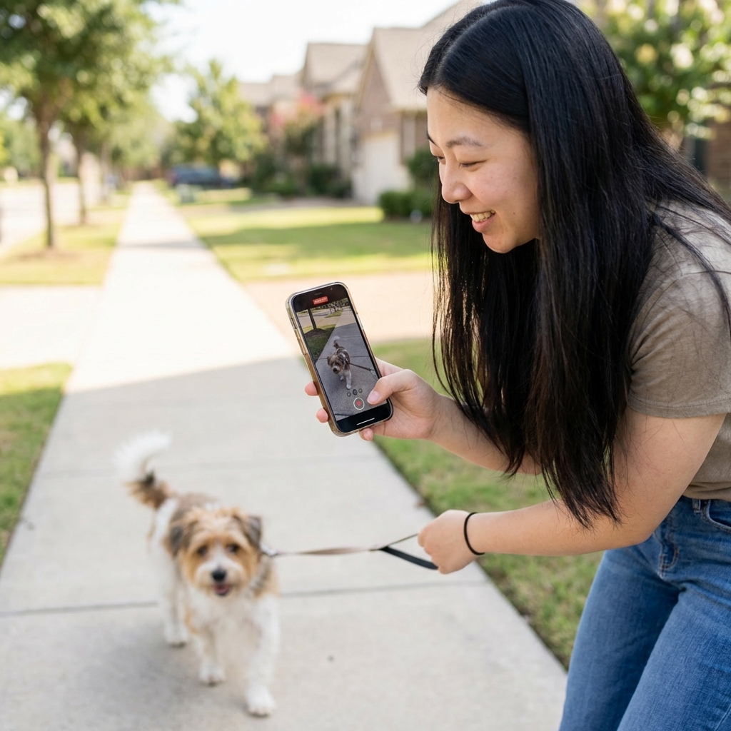 An owner recording a short video of a small dog walking on a sidewalk in daylight