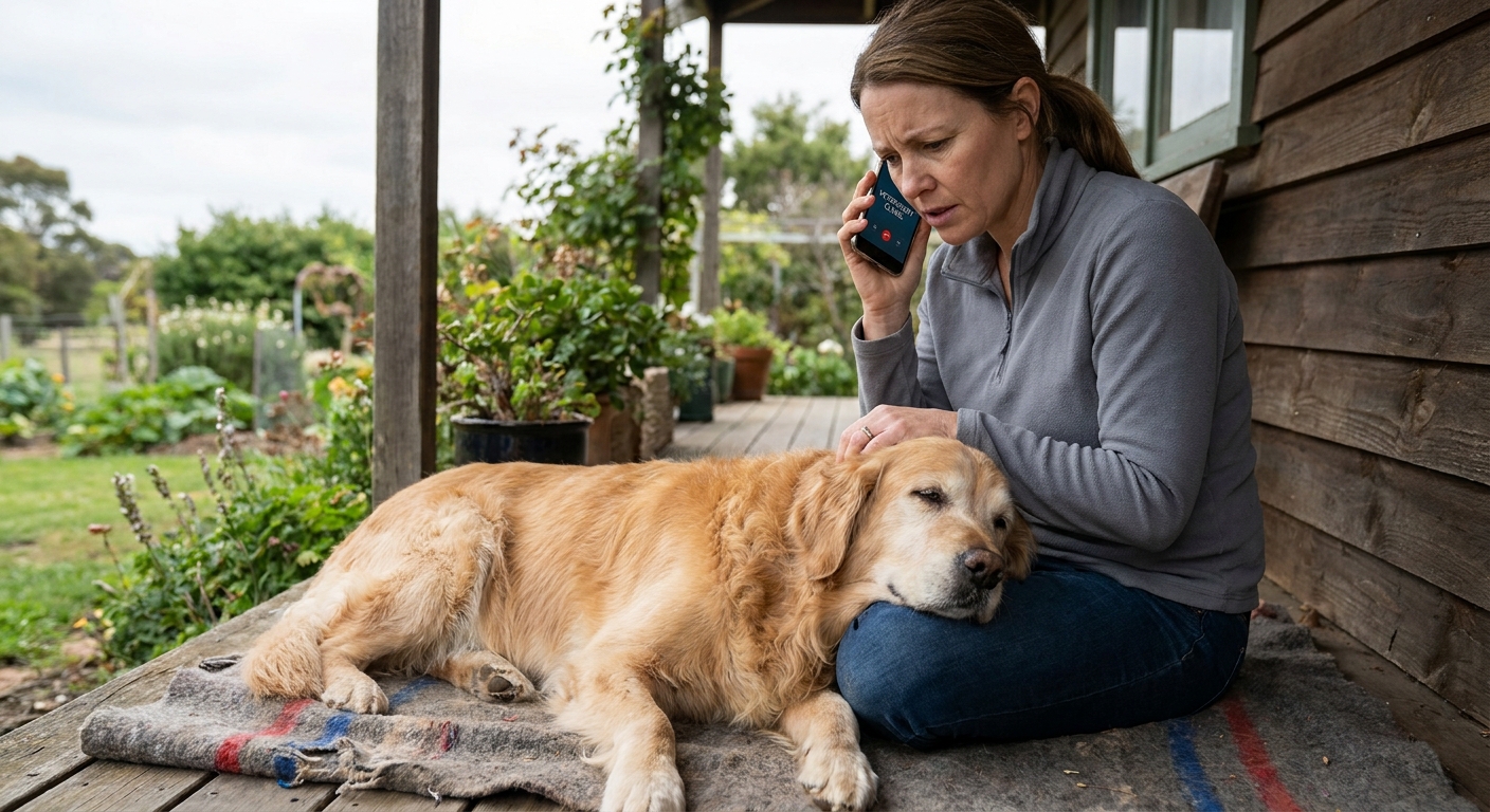 An owner sitting beside a tired dog on a blanket while making a phone call to the veterinary clinic