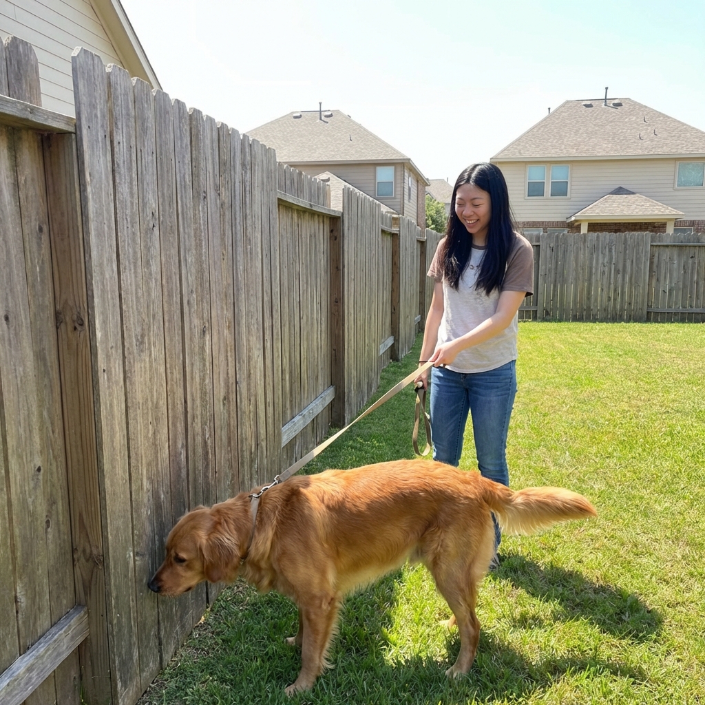 An owner standing in a backyard holding a leash while a male dog sniffs near a fence line