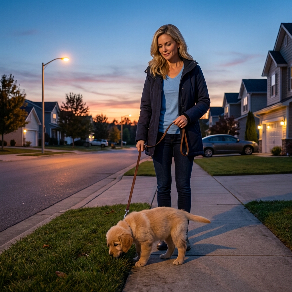 An owner standing on a quiet sidewalk at dusk with a leashed puppy sniffing grass
