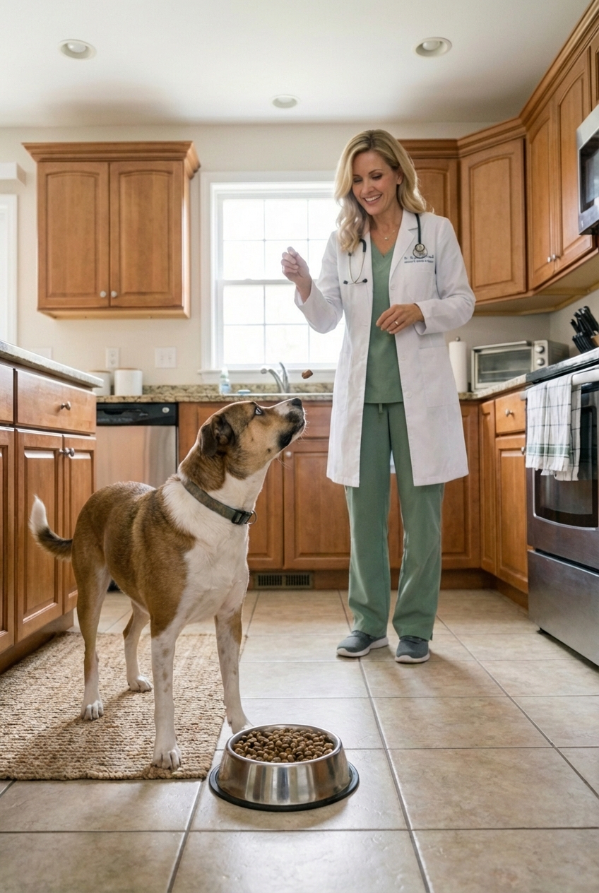 An owner tossing a small treat toward a dog near a food bowl while standing at a respectful distance
