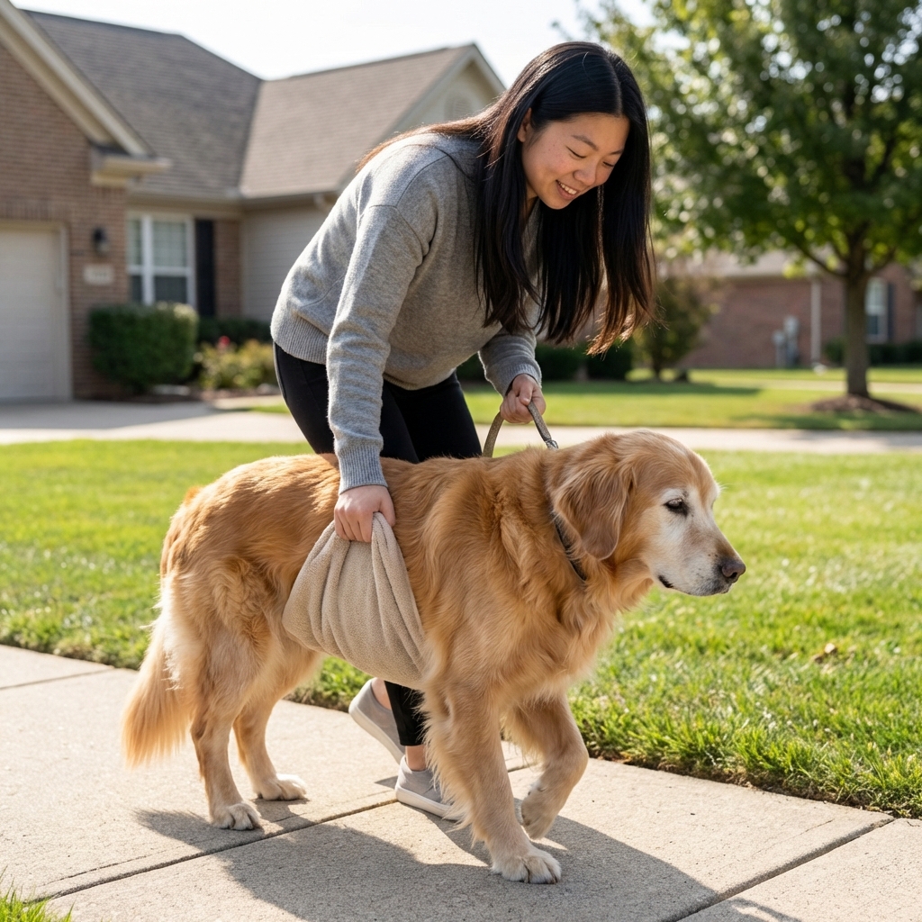 An owner using a towel sling to help an elderly dog walk outside on a leash