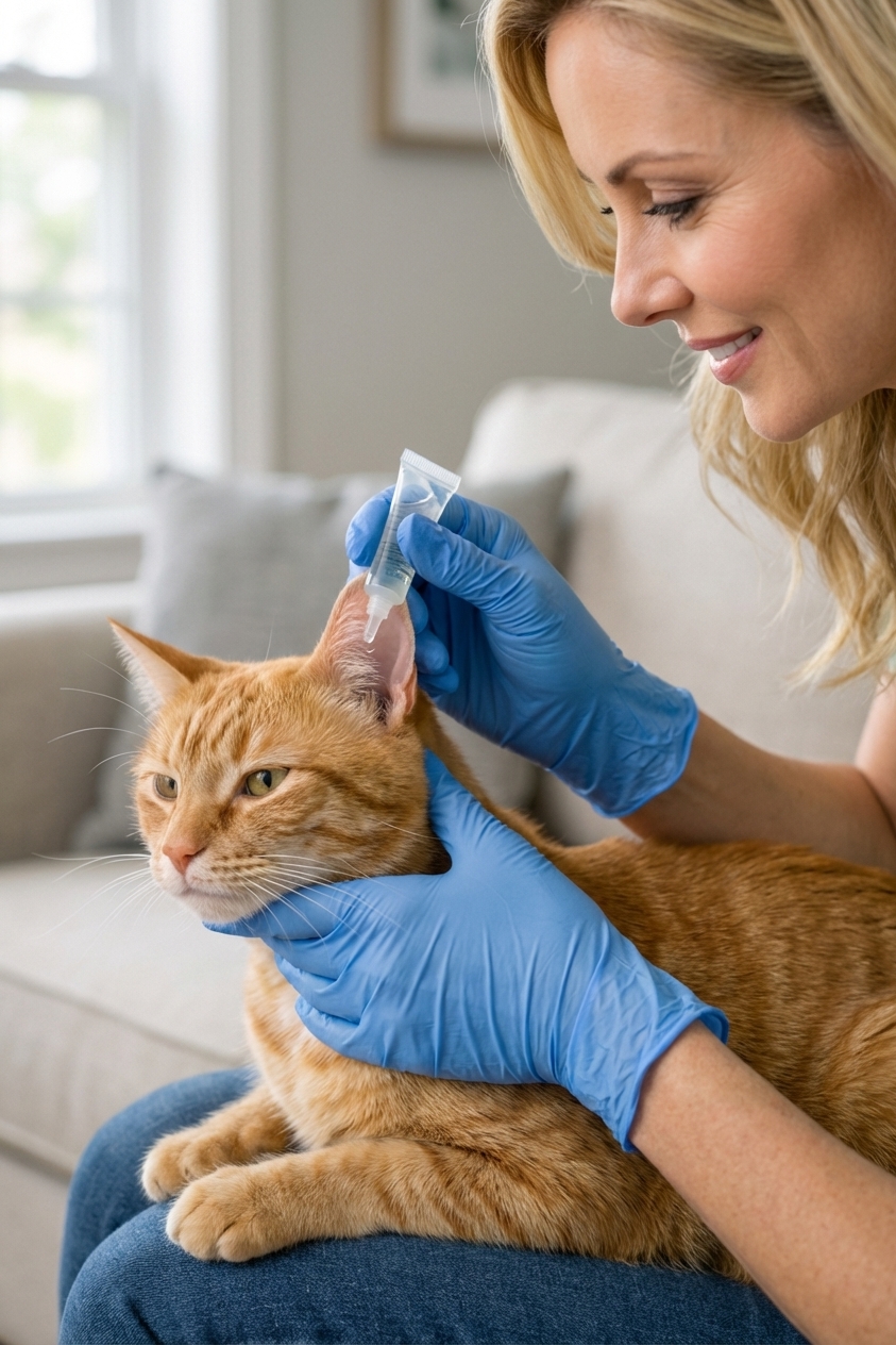 An owner wearing disposable gloves applying a small amount of medication gel to the inner ear flap of a relaxed cat, close-up realistic photography