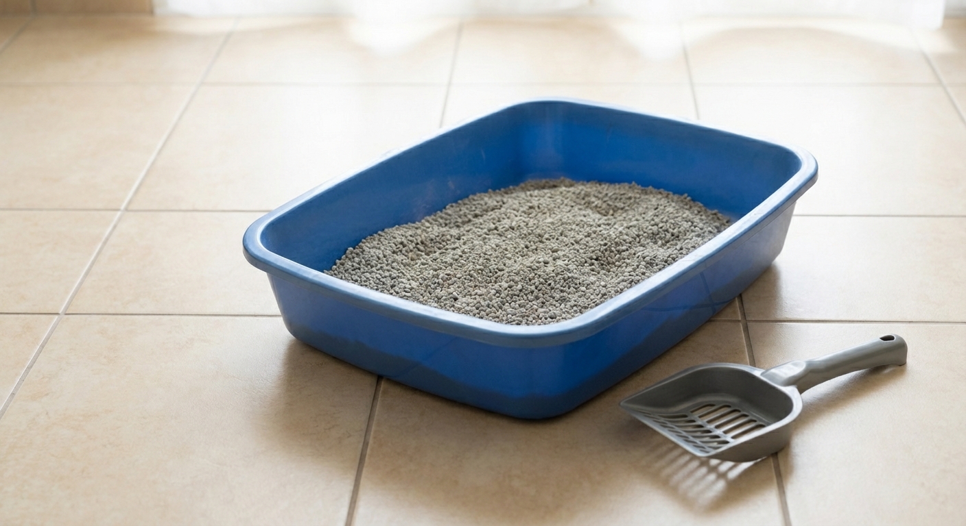 An uncovered litter box with unscented clumping litter and a scoop next to it on a tiled floor