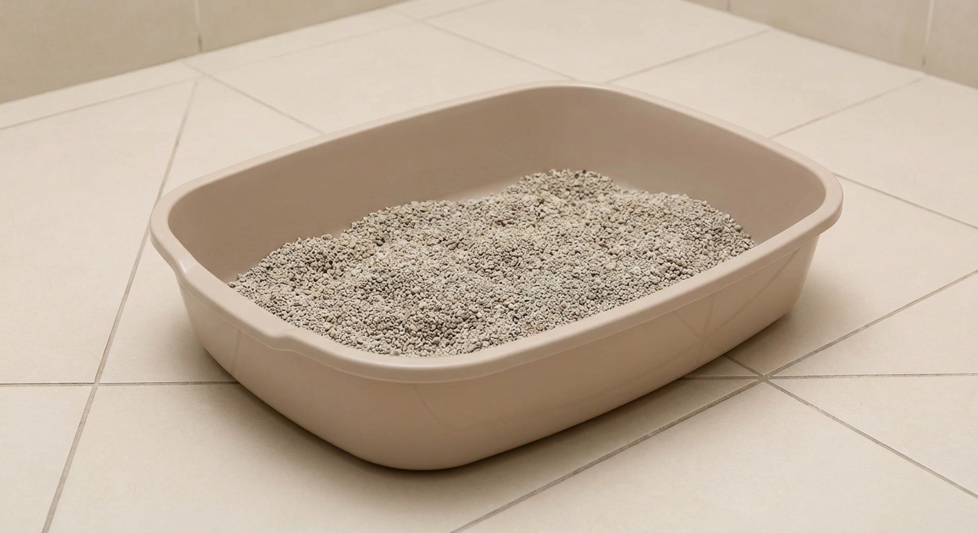 An uncovered low-sided litter pan on a tile floor