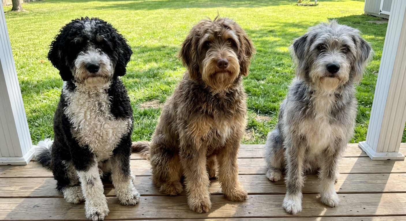 Aussiedoodle coat examples showing curly, wavy, and straighter textures side by side