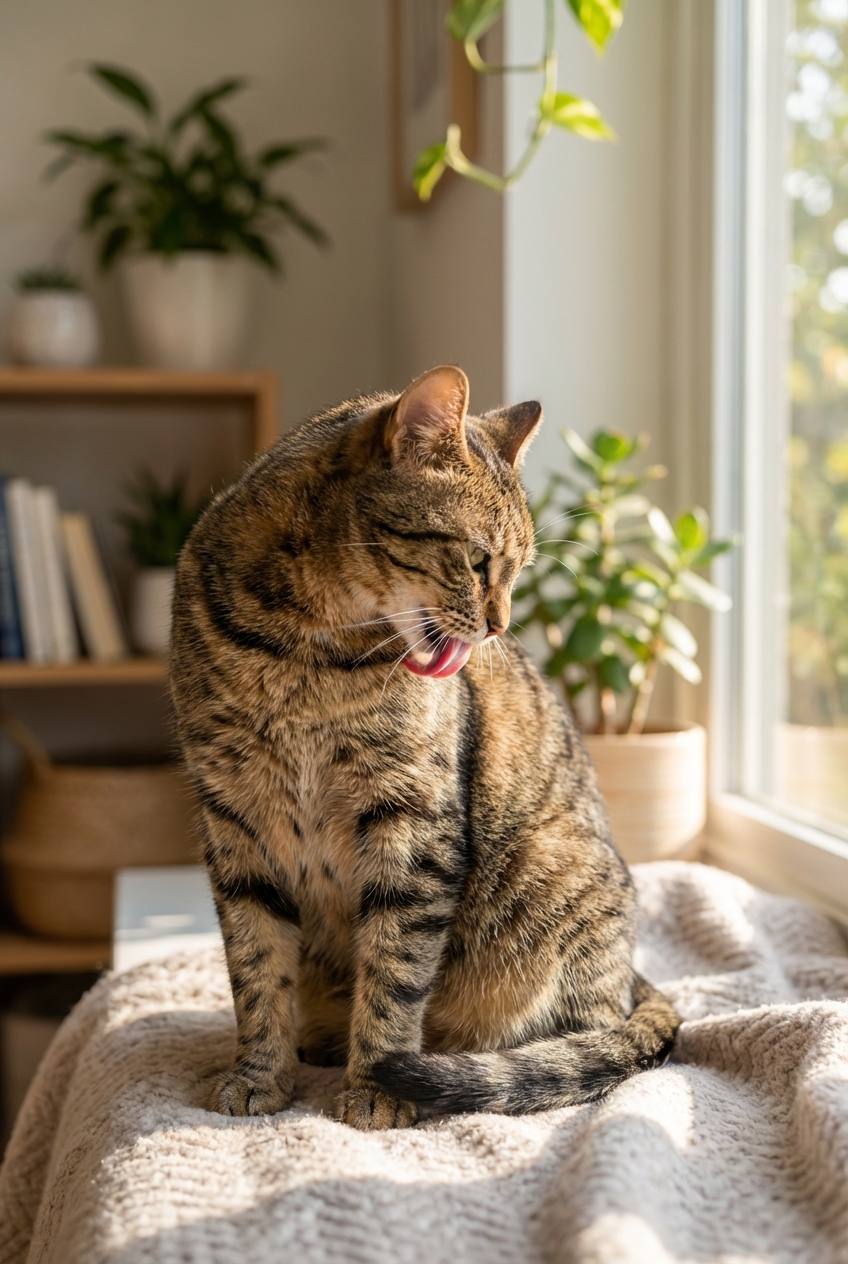 Cat grooming its shoulder mid-lick in natural indoor light