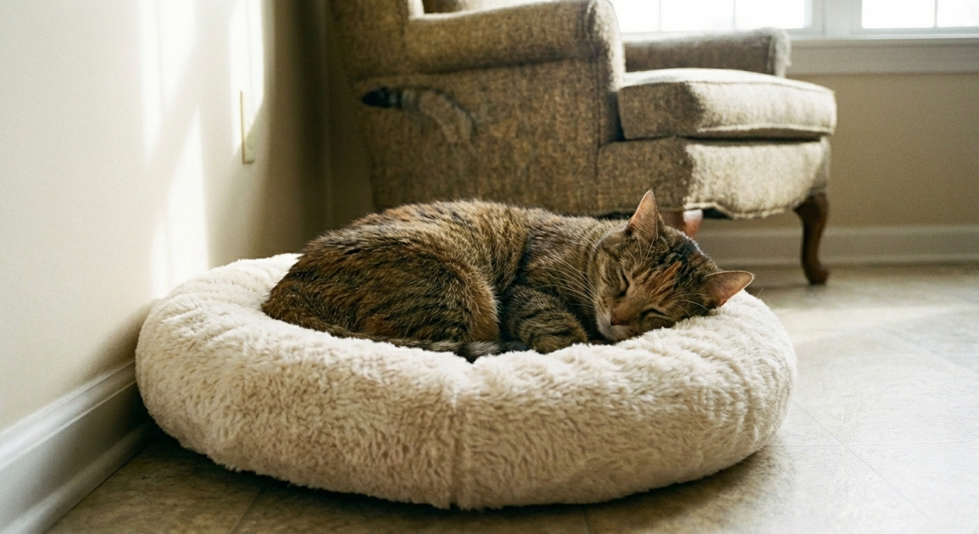 Cat resting on a plush pet bed in a quiet corner of a home