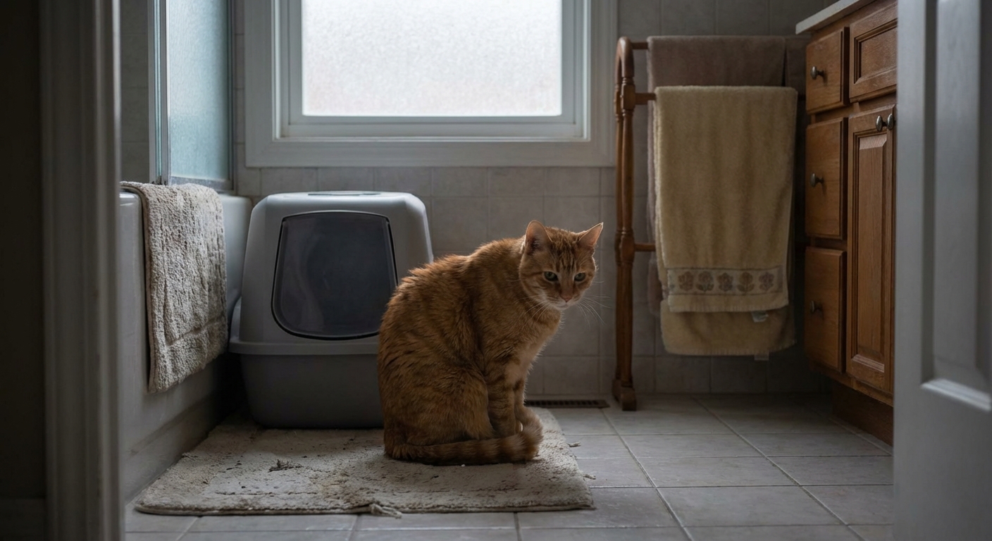 Cat sitting with a slightly hunched posture near a litter box in a quiet home bathroom