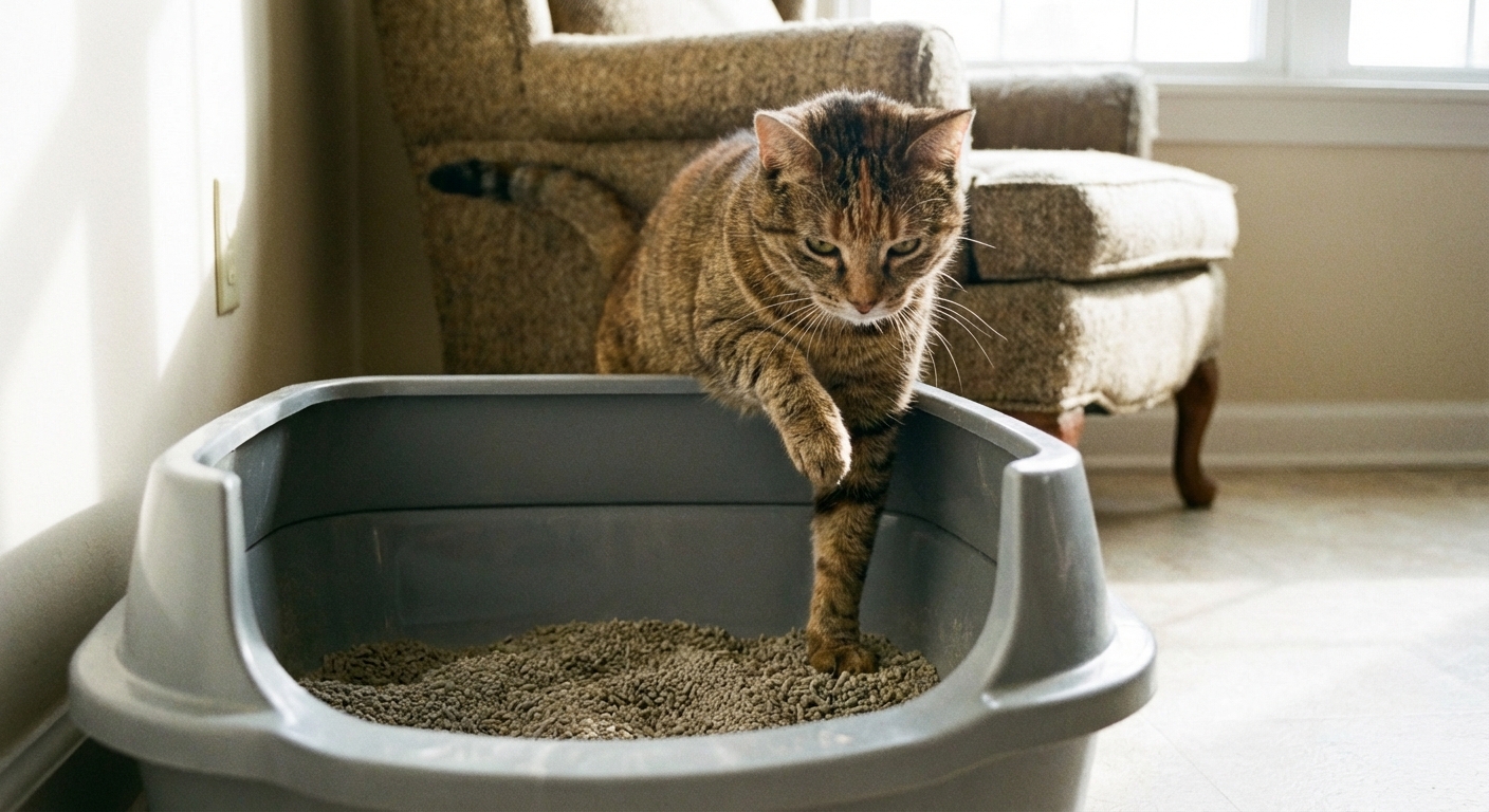 Cat stepping into a litter box with a noticeably high entry edge