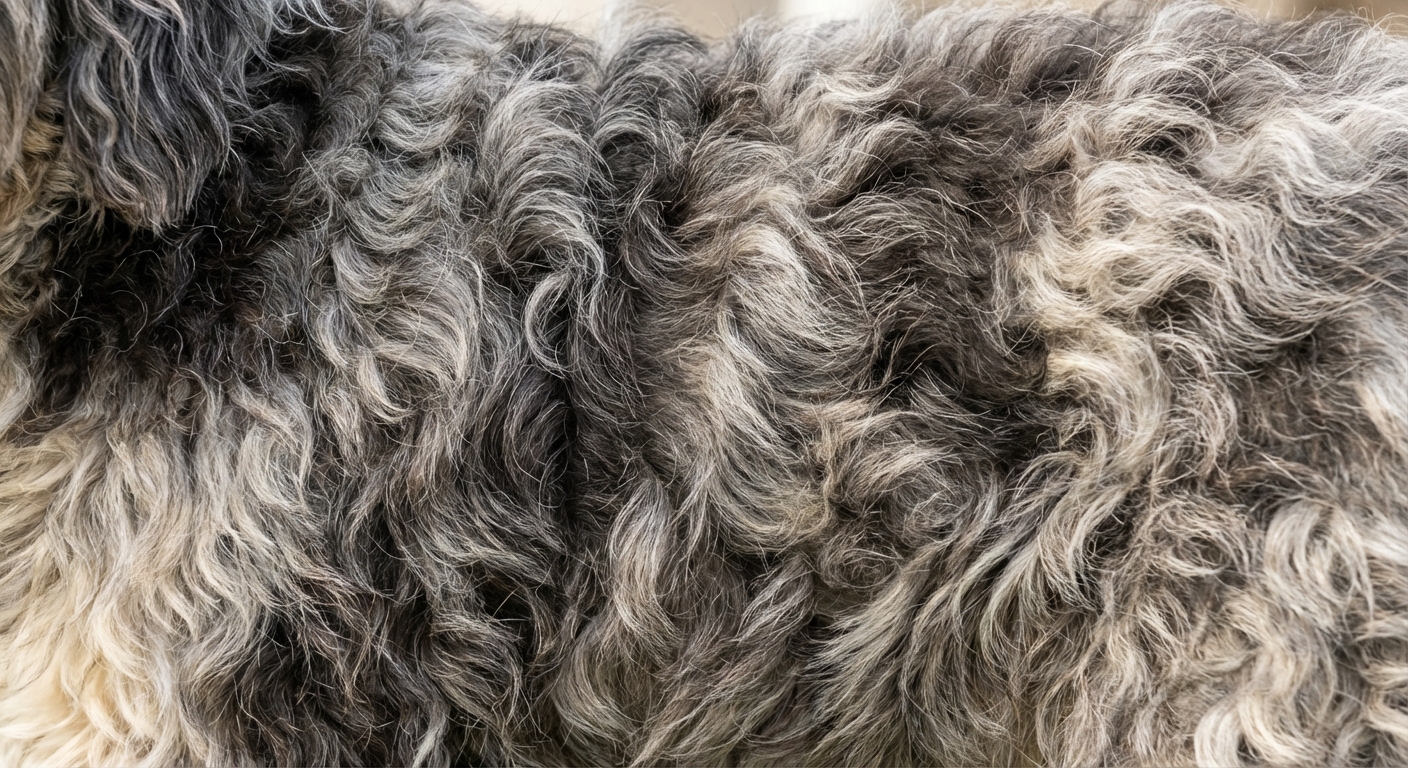 Close-up of a Sheepadoodle coat texture showing a wavy, plush fur pattern