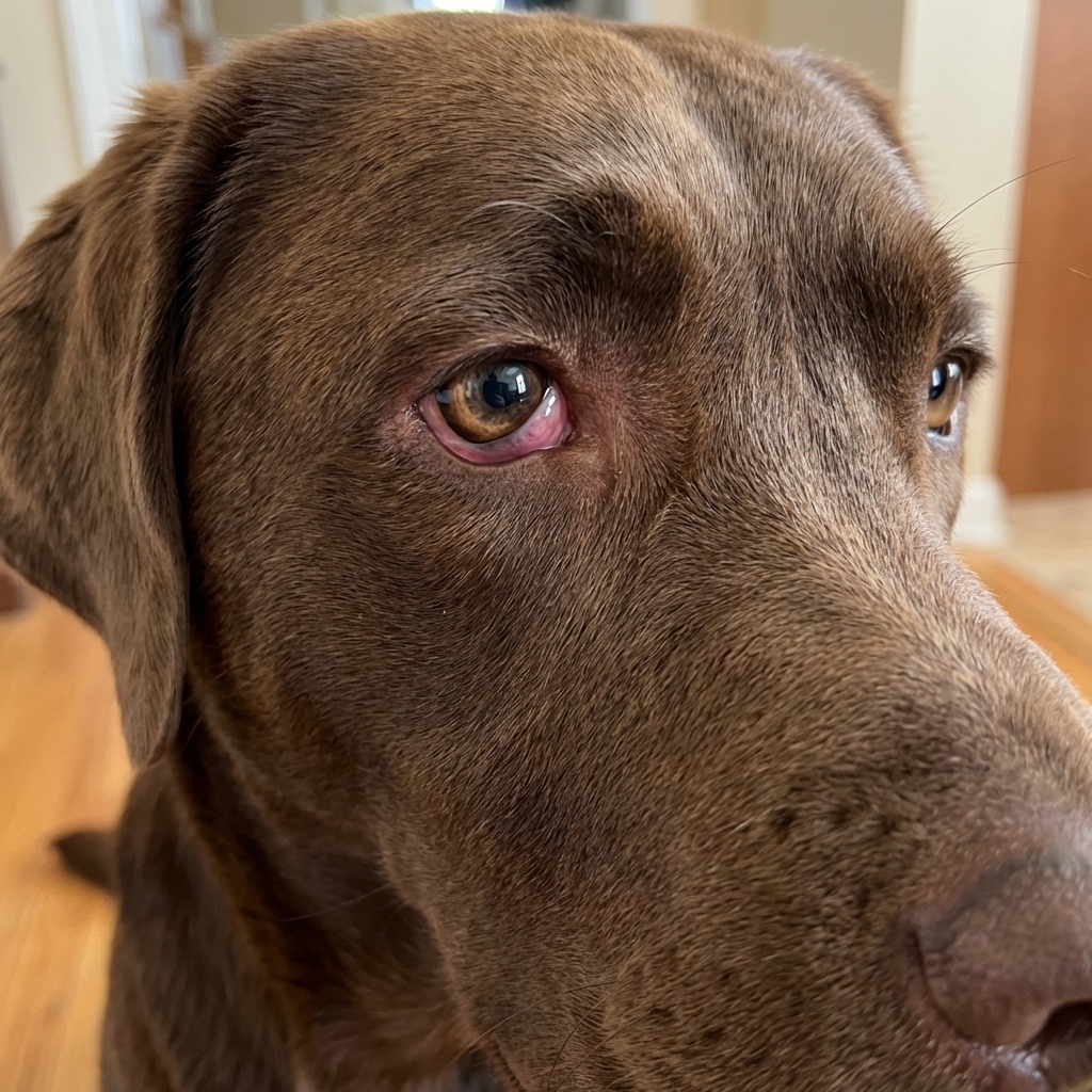 Close-up of a dog’s face showing one eye with a partially raised third eyelid and a noticeably smaller pupil