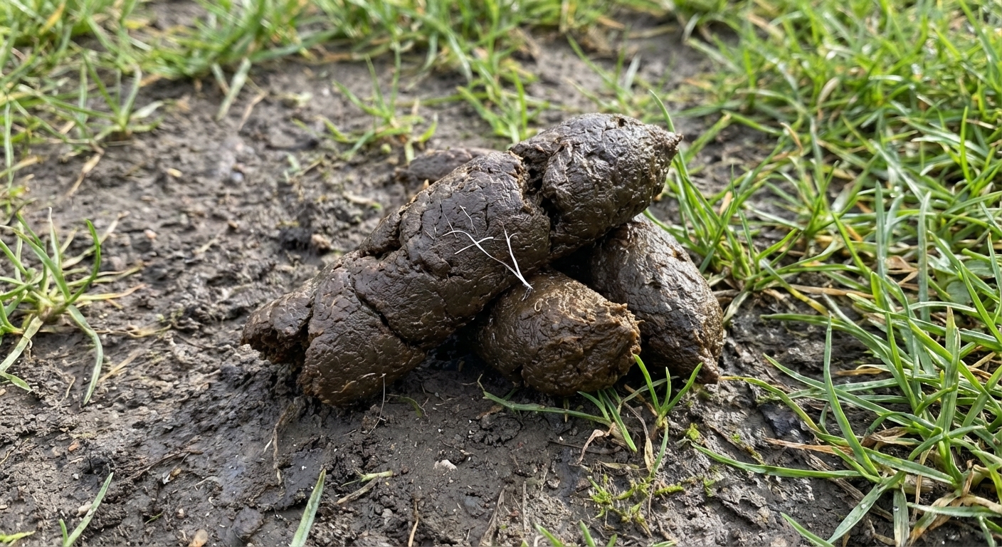 Close-up of dog stool on soil with a few tiny white thread-like fibers visible on the surface, real photograph style
