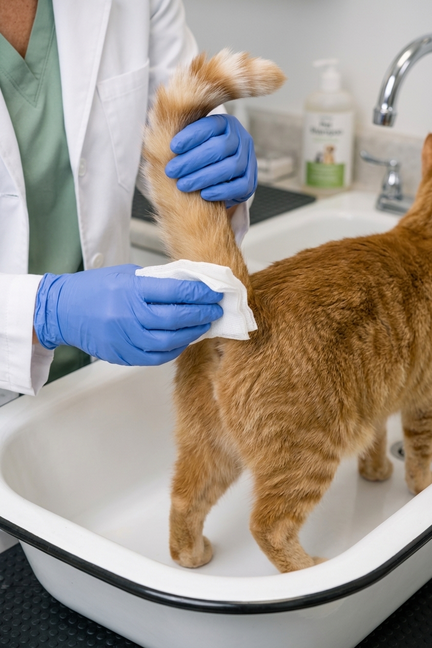 Close-up of gloved hands holding a folded gauze pad near a cat’s raised tail in a bathtub setting, realistic veterinary photography