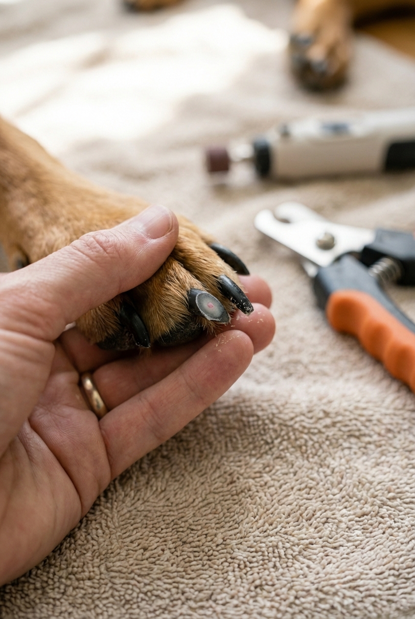 Close-up of the end of a black dog nail after a small trim, showing the cut surface while a person holds the paw