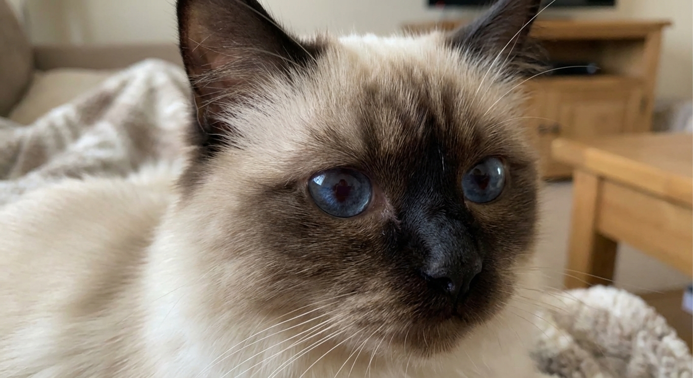 Close-up photo of a Himalayan cat with deep blue eyes and colorpoint facial markings, sharp focus on the eyes, soft background