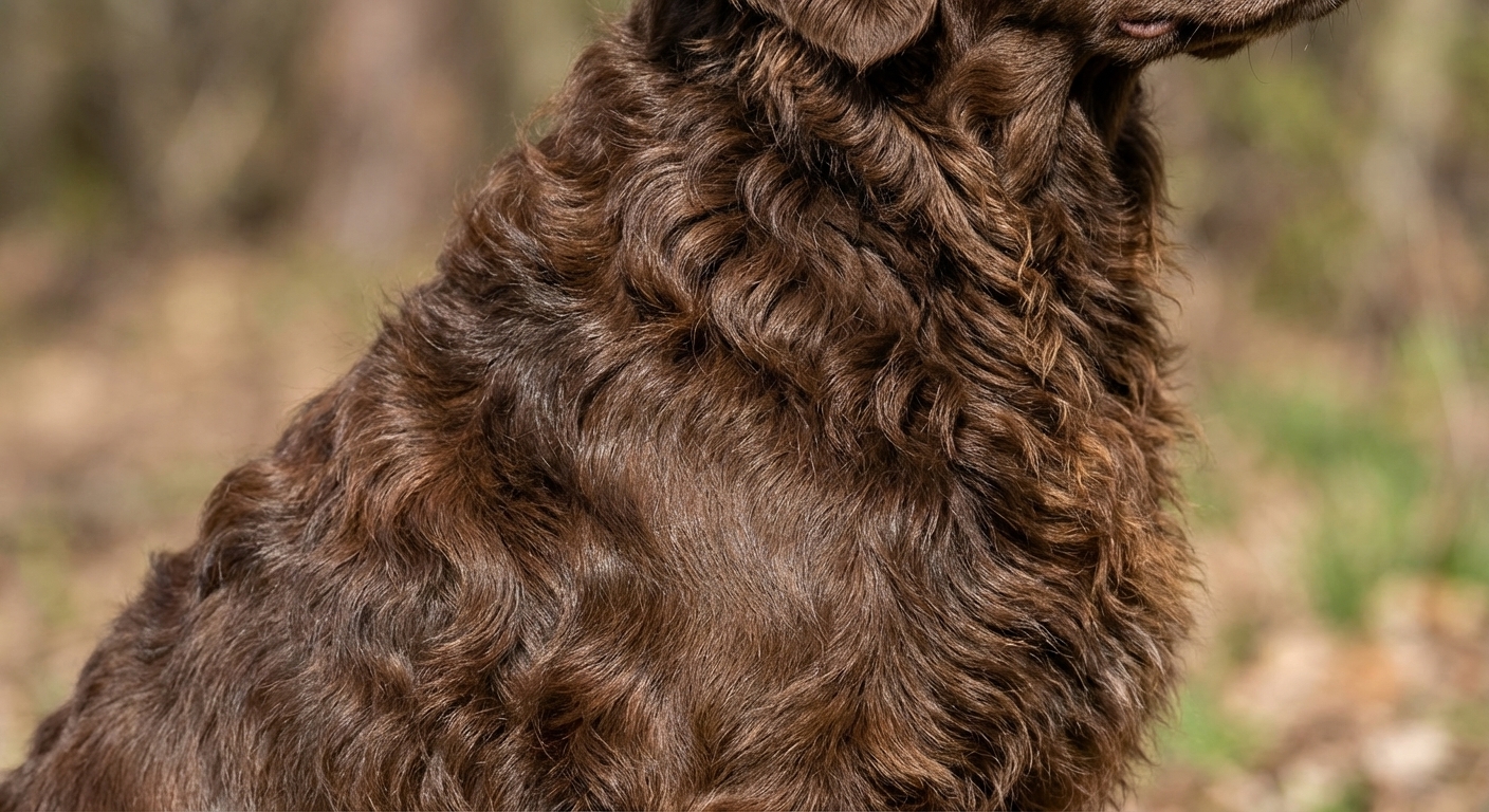 Close-up photo of a Portuguese Water Dog with a wavy brown coat, showing healthy shine and loose waves along the shoulder and neck