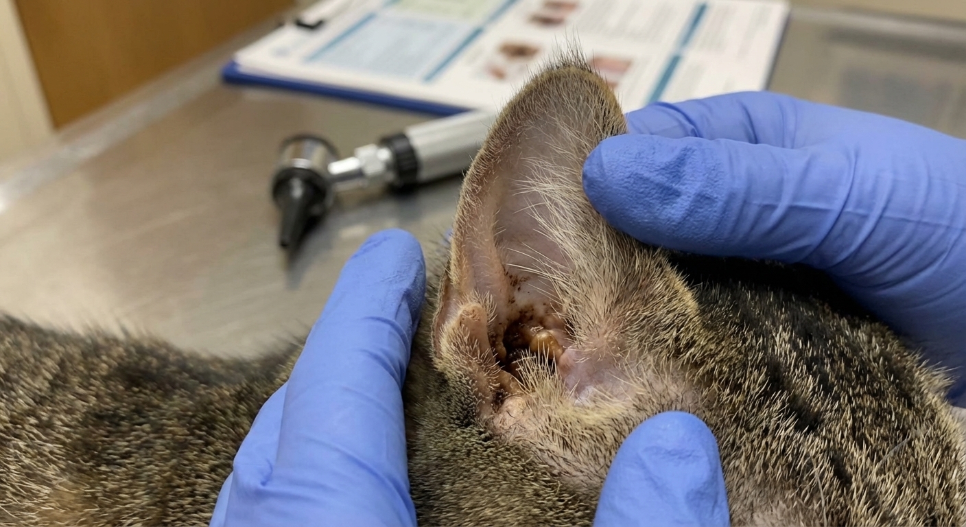 Close-up photo of a cat ear with visible waxy discharge at the opening of the ear canal, natural indoor lighting, realistic veterinary reference