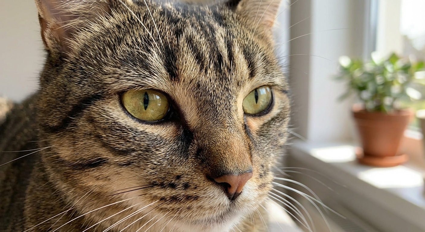 Close-up photo of a cat’s face with a visible yellow tint in the whites of the eyes