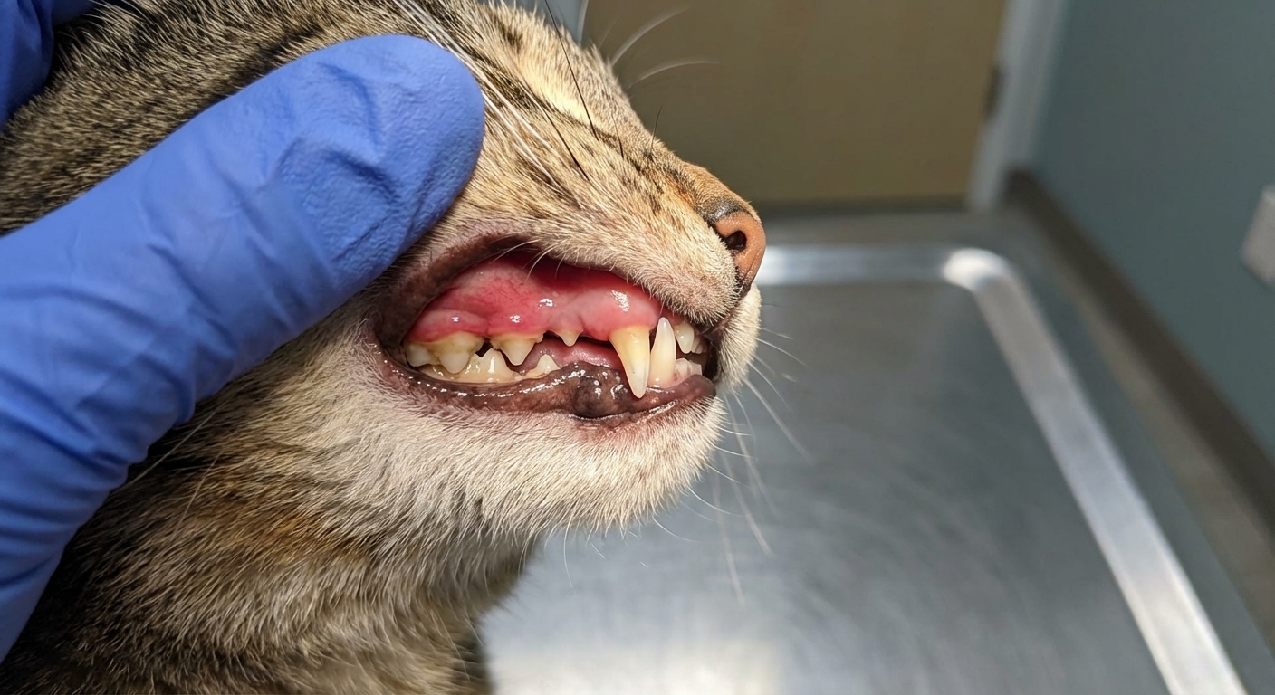Close-up photo of a cat's mouth with reddened gumline around the teeth, showing early gum inflammation, realistic veterinary photography