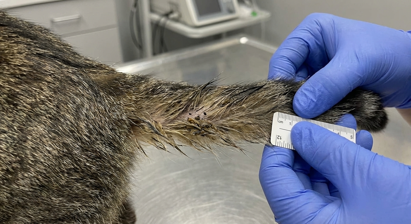 Close-up photo of a cat’s tail base with visibly greasy, clumped fur and small dark waxy specks on the hair, realistic veterinary dermatology style
