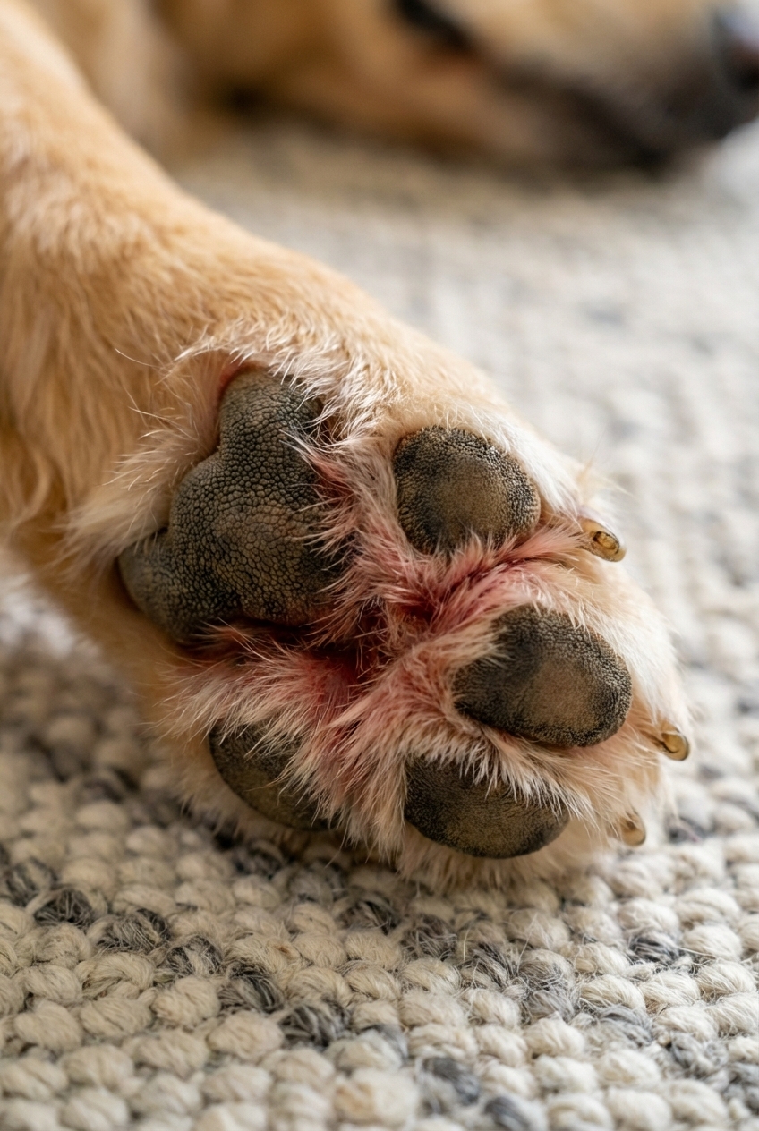 Close-up photo of a dog paw with mild redness between the toes