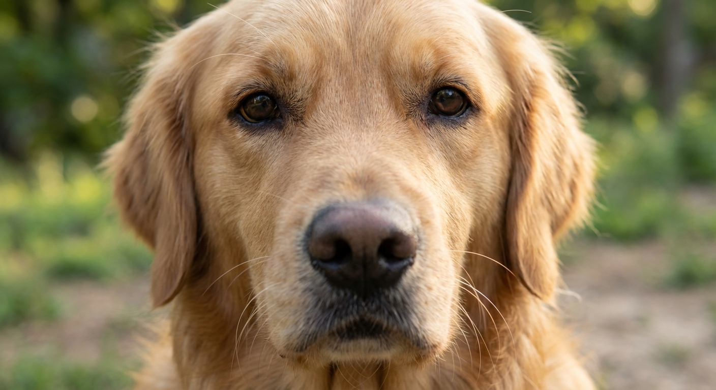 Close-up photo of a dog's face with a subtle yellow tint visible in the whites of the eyes, realistic photography
