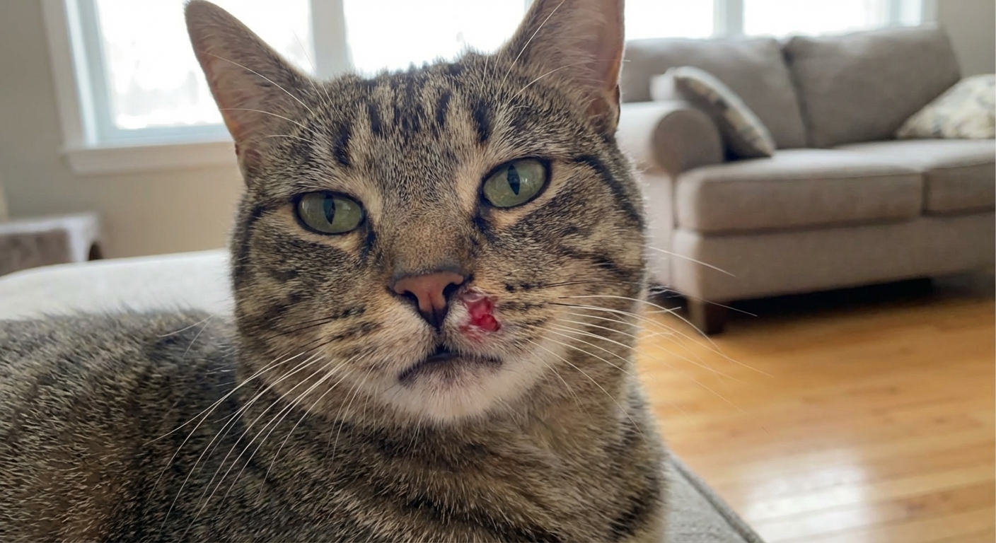 Close-up photo of a domestic tabby cat with a visible ulcerated area along the upper lip margin, natural indoor lighting