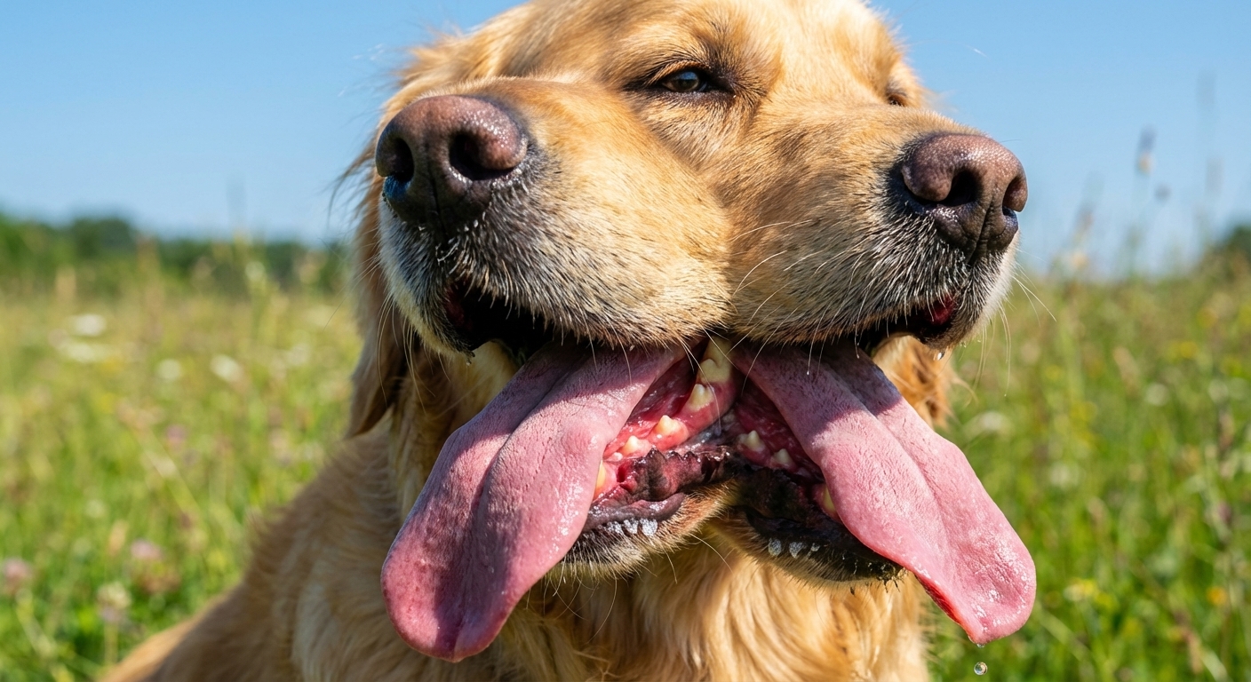 Close-up photo of a panting dog with a long tongue out and very red gums in bright summer light