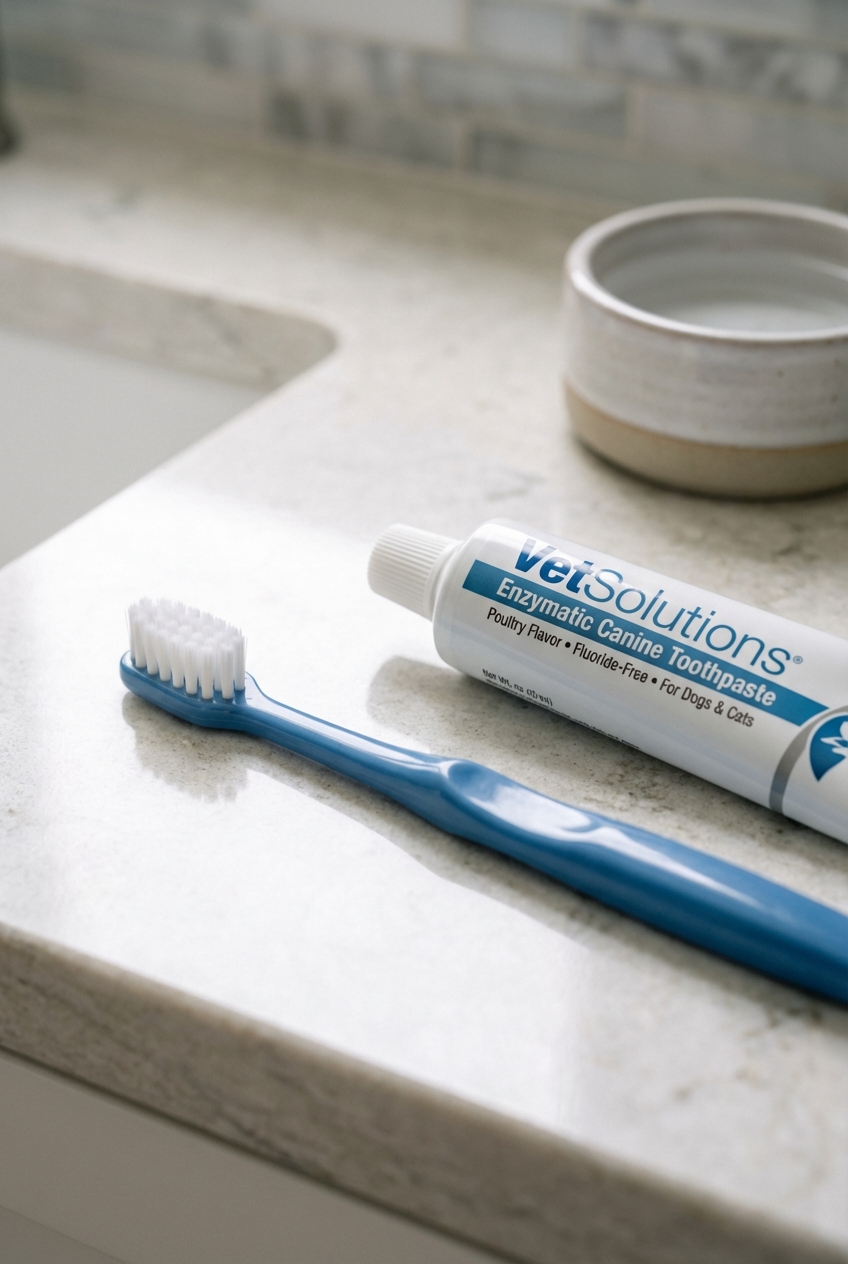 Close-up photo of a soft-bristled dog toothbrush next to a tube of veterinary toothpaste on a countertop