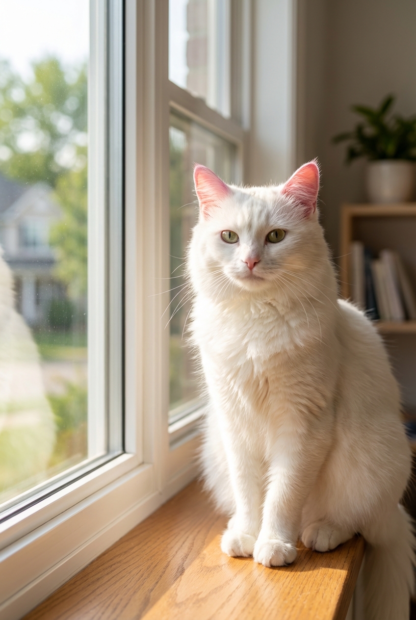 Close-up photo of a white cat with pink ear tips sitting near a bright window