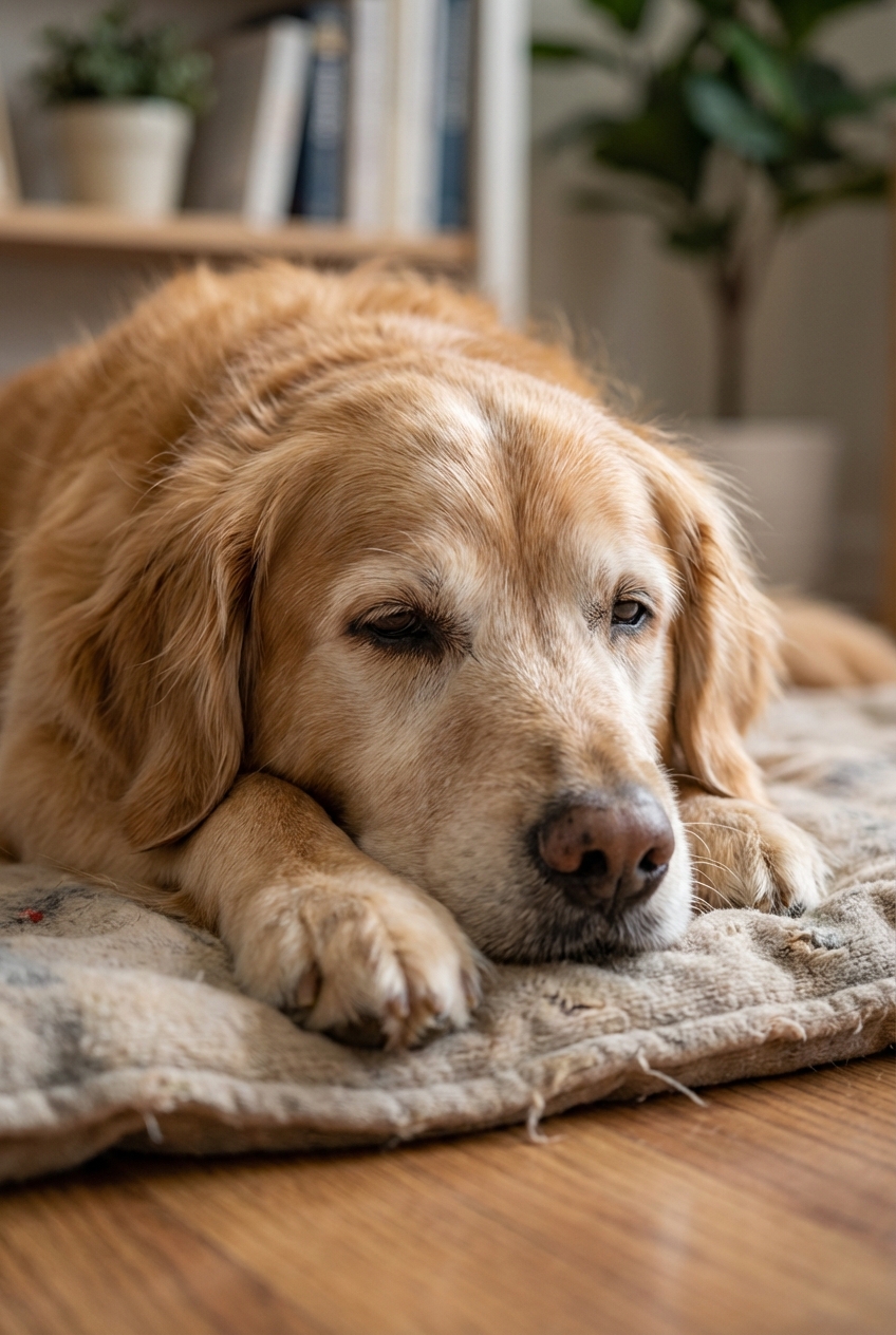 Close-up photo of an older dog lying down with slightly squinted eyes and ears gently back, showing a tired expression