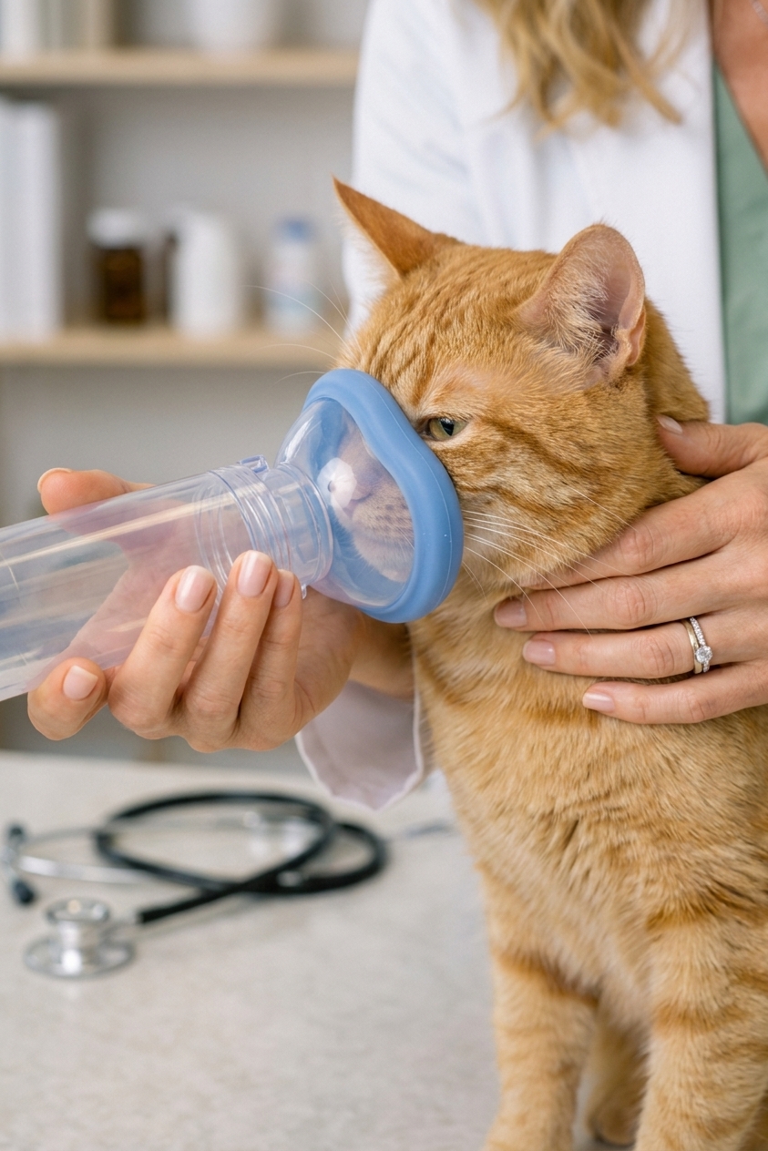 Close-up photo of hands holding a feline inhaler spacer with a soft face mask positioned near an orange cat's nose and mouth