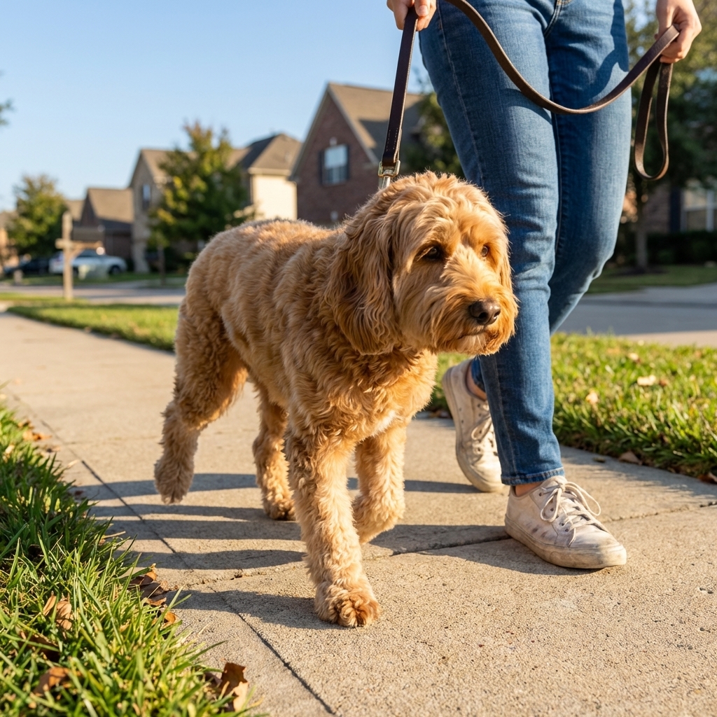 Cockapoo walking on a sidewalk with one back leg slightly lifted as if limping, owner’s legs visible beside the dog