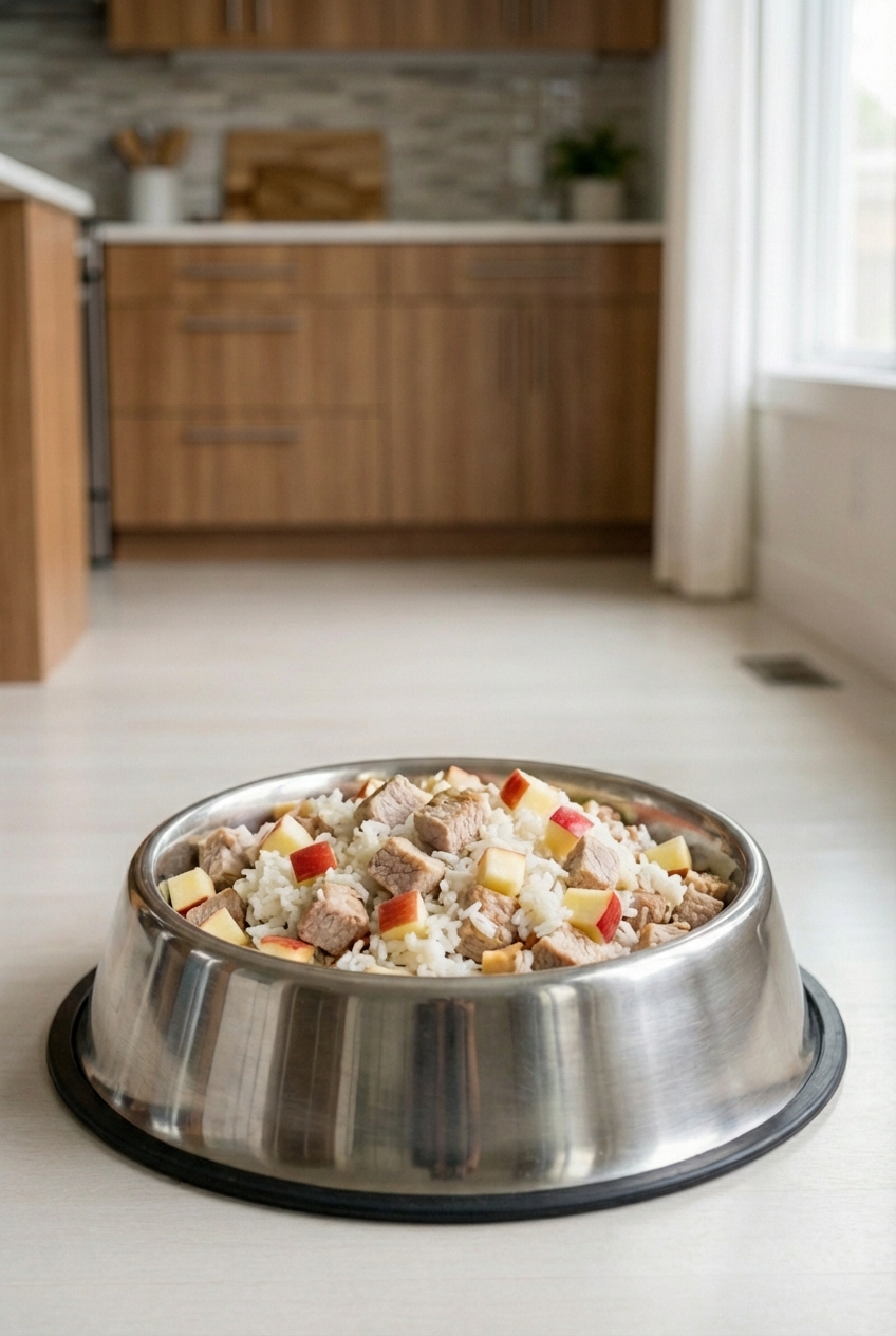 Cooked diced lean pork mixed with cooked rice and small apple cubes in a stainless steel dog bowl