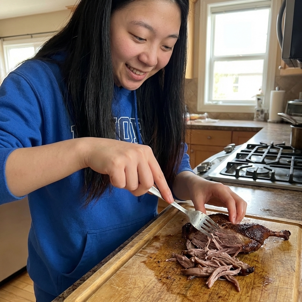 Cooked duck meat being gently shredded with a fork on a wooden cutting board in a home kitchen, realistic photography